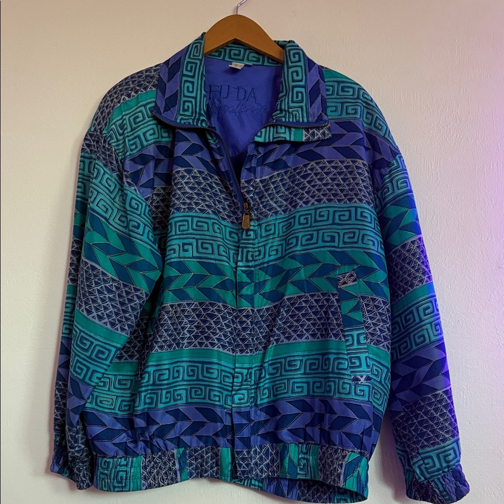 Vibrant Blue And Green Patterned Windbreaker - image 6